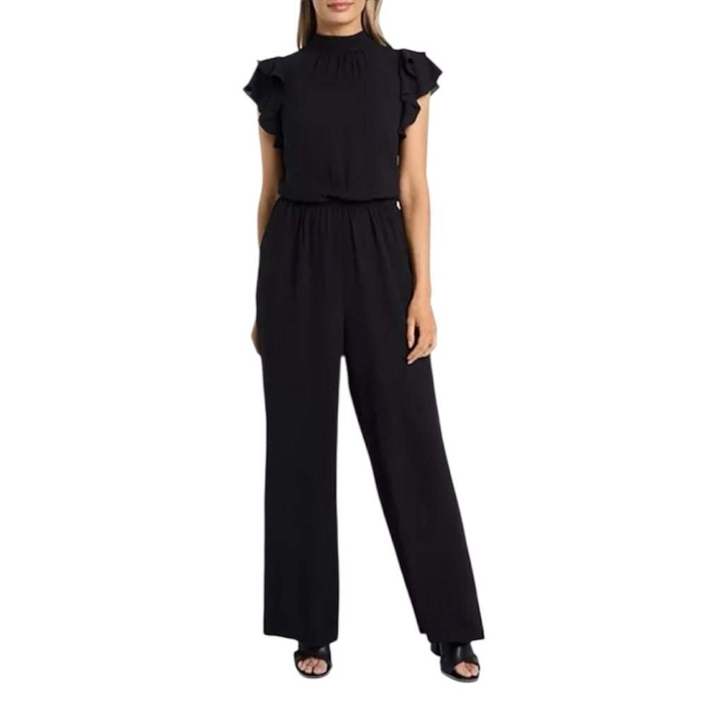 🆕 1.STATE Flutter-Sleeve Mock-Neck Jumpsuit Black With Pockets Size M